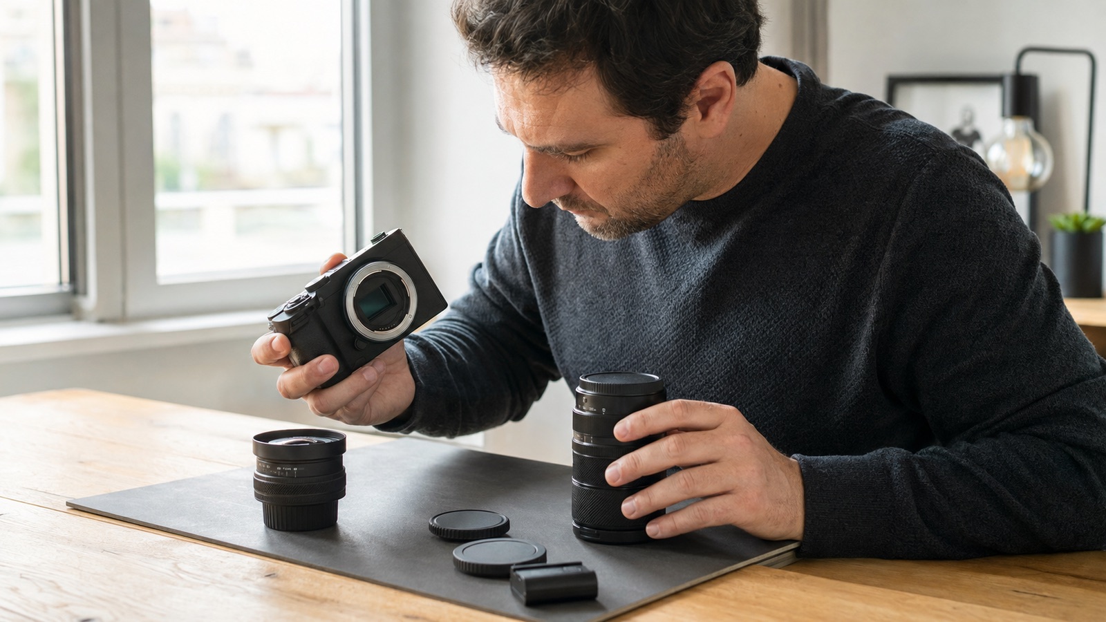Illustration d’un photographe comparant un boîtier et plusieurs objectifs
