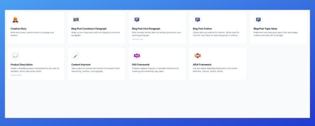 Jarvis.ai liste des templates